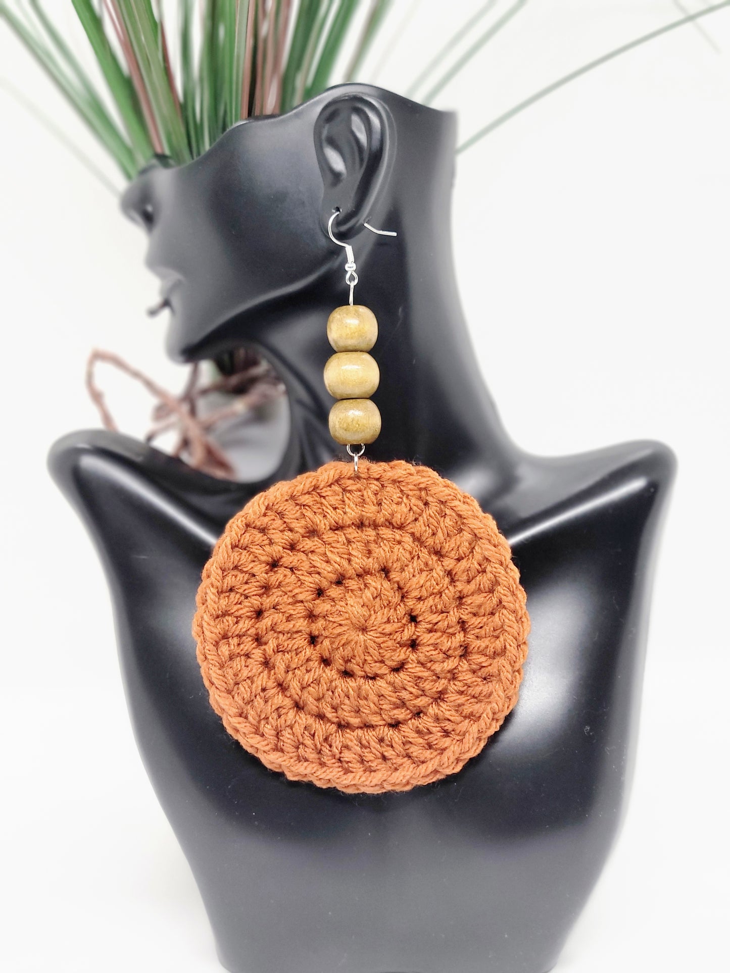 Burnt Pumpkin Crochet Earrings w/ Round Beads