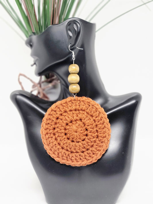 Burnt Pumpkin Crochet Earrings w/ Round Beads