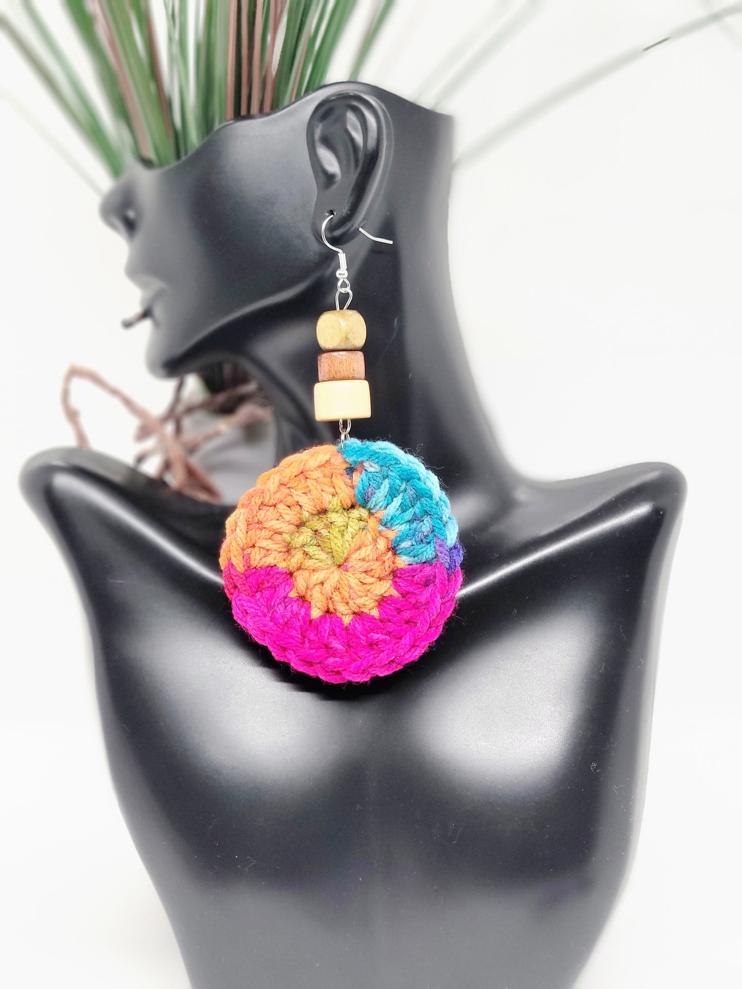 Crochet Circle Wood Bead Earrings