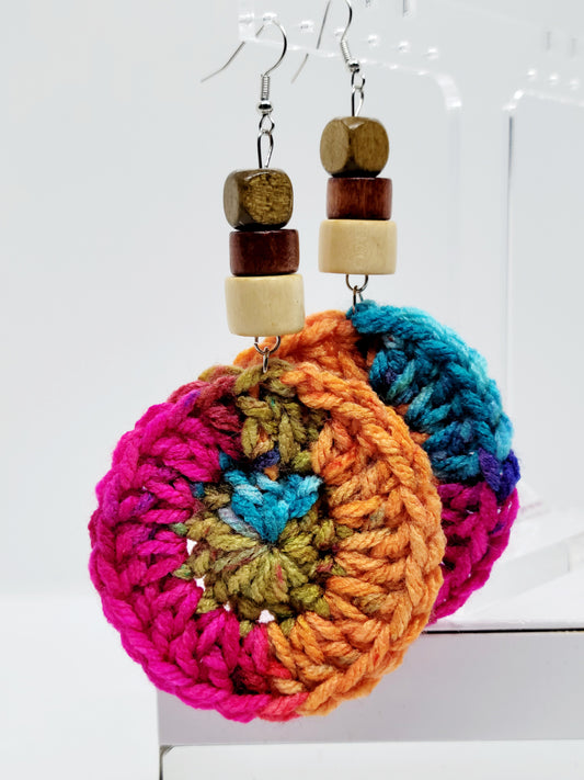 Crochet Circle Wood Bead Earrings