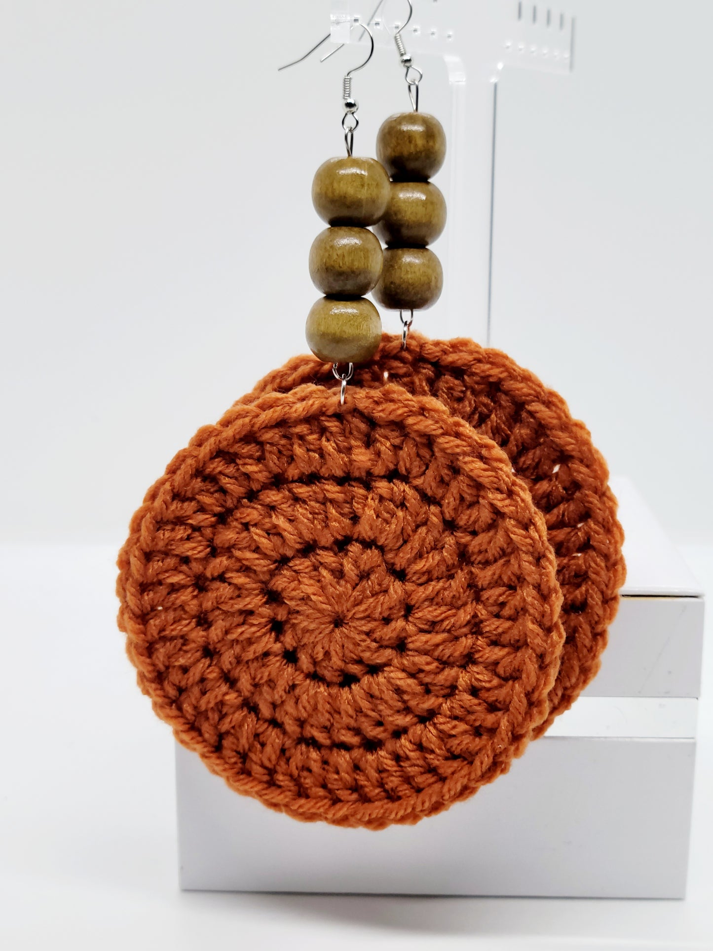 Burnt Pumpkin Crochet Earrings w/ Round Beads